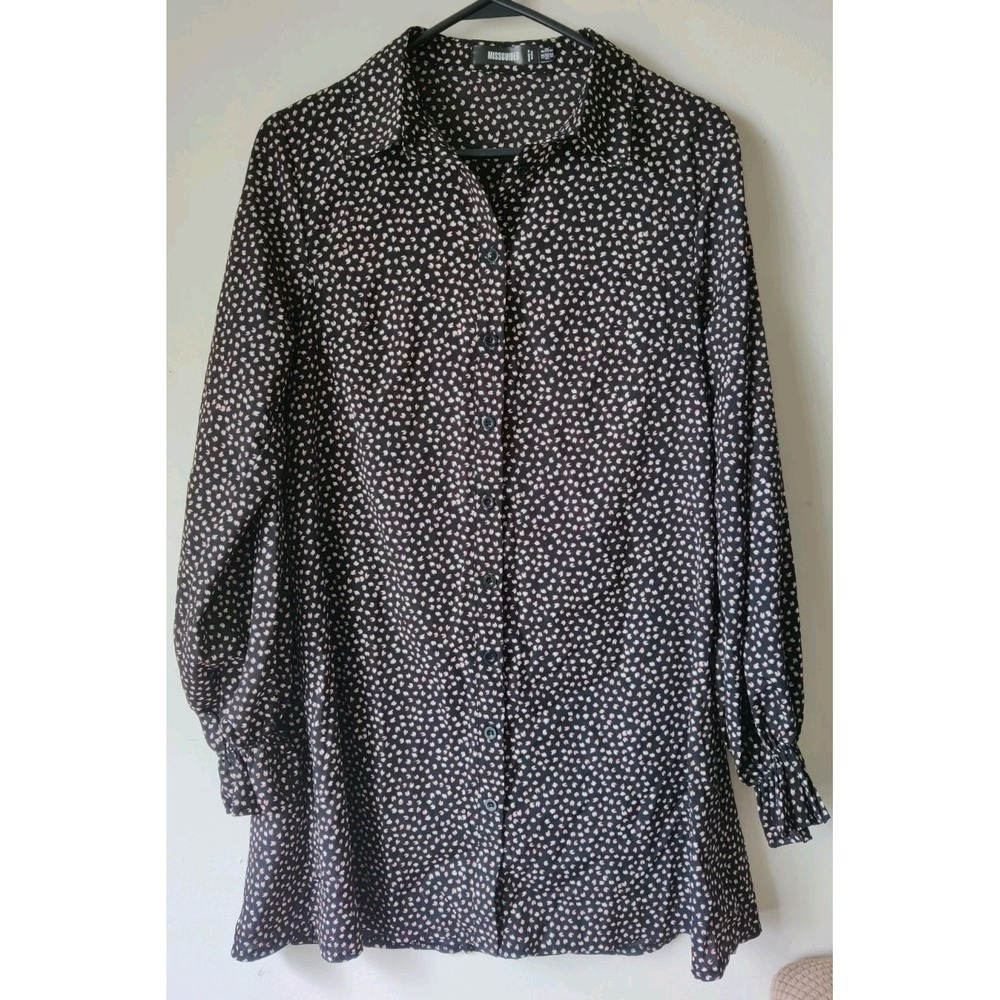 MISSGUIDED BLACK WHITE PRINT PUFF LONG SLEEVE SHIRT DRESS SIZE 4‎ BUTTON FRONT